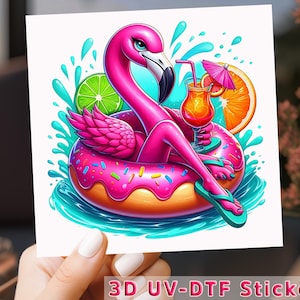 Chill Flamingo UV DTF Sticker, Donut Pool Float Wrap, Tropical Summer Design
