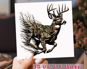 Military Style Deer UV DTF Sticker: Running Buck Hunting Transfer