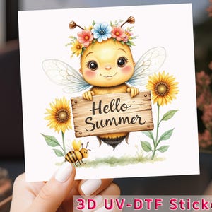 Hello Summer Bee UV DTF Sticker: Sunflower Cartoon Cup Wrap