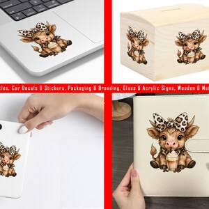 May include: A variety of items featuring a cartoon cow design with a leopard print bow and accents. Items include a laptop sticker, a wooden bank, a phone case, and a journal. The cow is holding a drink.