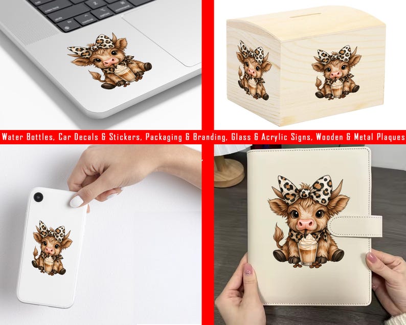 May include: A variety of items featuring a cartoon cow design with a leopard print bow and accents. Items include a laptop sticker, a wooden bank, a phone case, and a journal. The cow is holding a drink.