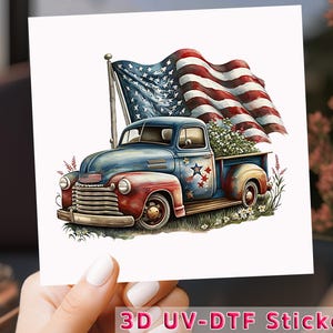 May include: A vintage blue pickup truck with a red and white American flag draped over the back. The truck is decorated with stars and is filled with flowers.