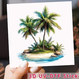 May include: A square sticker featuring a tropical island scene with two palm trees, a sandy beach, and blue water. The sticker has the text "3D UV-DTF Sticker" at the bottom.