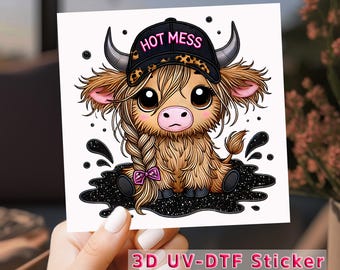 Hot Mess Highland Cow UV DTF Transfer, Uv Dtf Cup Wrap, Sassy Cowgirl Design, Ready to Press Farm Life Cute Cow Wrap