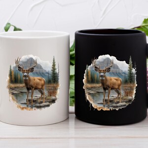 May include: Two ceramic coffee mugs with a white and black background. Both mugs feature a watercolor illustration of a deer standing in a forest setting.