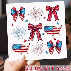 Juego de lazos patrióticos de EE. UU. con transferencia UV DTF, arte de fuegos artificiales en rojo, blanco y azul, transferencia UV DTF, envoltura para vasos UV DTF, diseño de estrellas y rayas