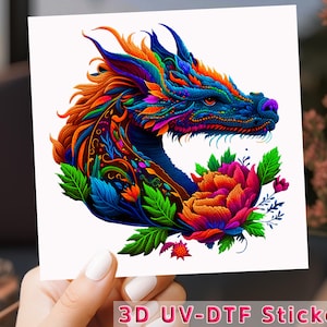 Rainbow Dragon UV DTF Sticker: Floral Asian Art Decal