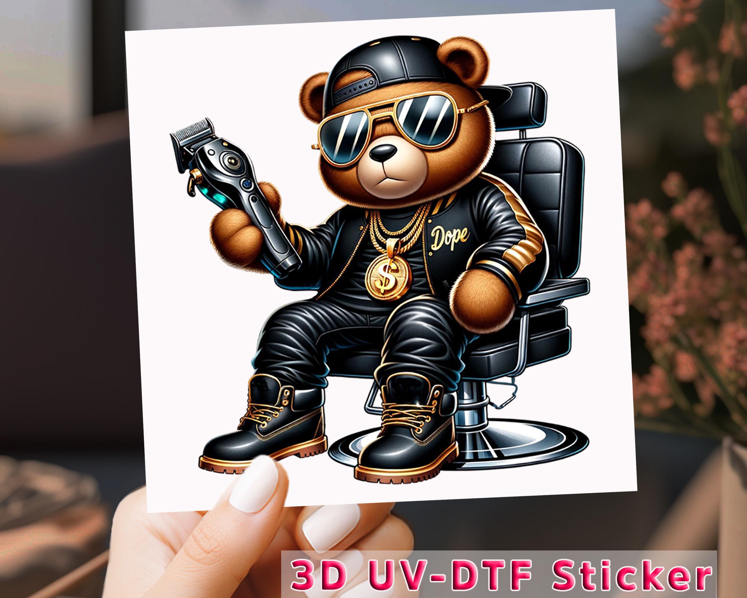 Barber Bear UV DTF, Dope Gold Chain Teddy with Clipper, DTF Transfer, Uv Dtf Cup Wrap for Barber Shop or Swag Gift Idea