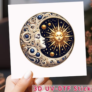 May include: A white sticker featuring a celestial design with a crescent moon and a sun. The moon has a woman's face and ornate details. The sun is golden with pointed rays. The sticker has the text "3D UV-DTF Sticker".