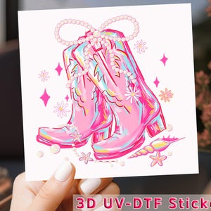 Pink Cowgirl Boots UV DTF Wrap: Western Pearl Daisies Decal