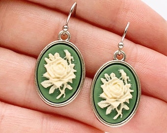 Rose Cameo Earrings Green Cameo Jewelry Gift for Her Rose Earrings