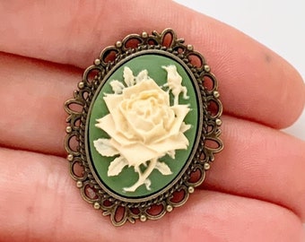 Rose Cameo Brooch Floral Green Irish Rose Pin Flower Cameo Jewelry