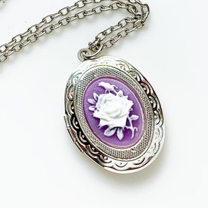 Rose Locket Necklace Cameo Locket Purple Flower Jewelry