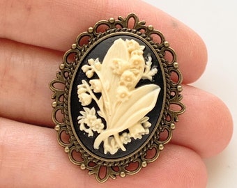 Lily of the Valley Cameo Brooch Floral Pin Flower Cameo Jewelry