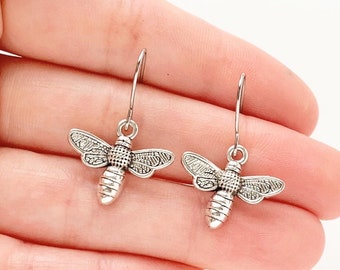 Small Bee Earrings Dangly Silver Bee Earrings