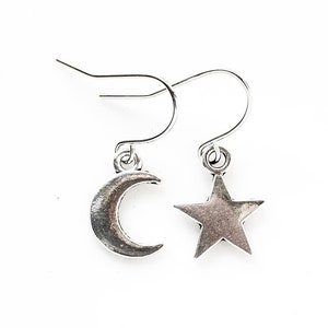 Moon and Star Mismatched Earrings Cute Celestial Silver Earrings Nickel Free Ear Wire