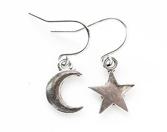 Moon and Star Mismatched Earrings Cute Celestial Silver Earrings