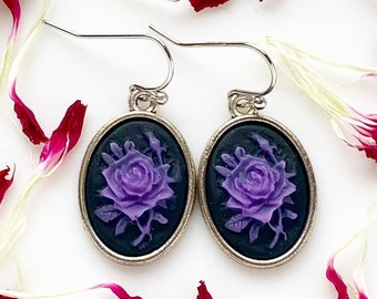 Purple Rose Cameo Earrings Rose Earrings Gothic Cottagecore Jewelry