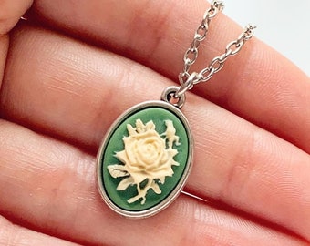 Rose Cameo Necklace Green Rose Pendant Cottage Jewelry