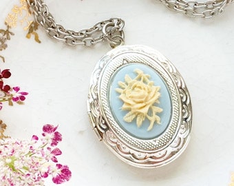 Rose Cameo Locket Necklace Powder Blue and Cream Rose Cameo Jewelry