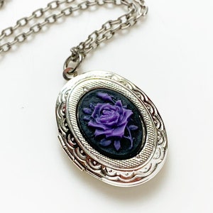 Rose Locket Cameo Necklace Silver Photo Pendant Gift for Her Purple Rose Jewelry