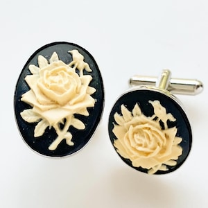 Rose Cufflinks Cameo Wedding Gift for Him Silver Floral Cufflinks