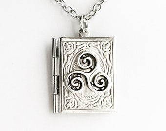 Triskelion Book Locket Necklace Celtic Jewelry Book Lover Gift