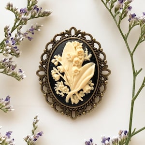 Lily of the Valley Brooch Floral Cameo Pin in Black