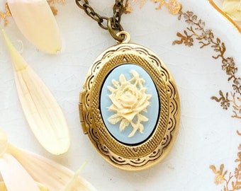 Rose Cameo Locket Necklace Blue and Cream Rose Photo Locket Gift for Her