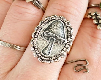 Mushroom Ring Silver Adjustable Shroom Ring Whimsical Mushroom Lover Gift