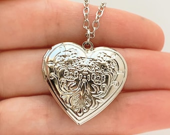 Silver Heart Locket Necklace Ornate Heart Locket Pendant