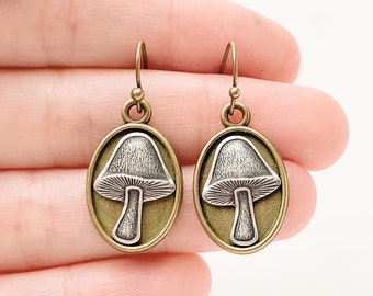 Mushroom Earrings Silver and Bronze Cottagecore Mushroom Jewelry Dark Academia Style