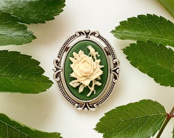 Rose Cameo Brooch Small Floral Green Rose Pin