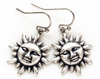 Silver Sun Earrings Lightweight Earrings Sun Face Celestial Jewelry