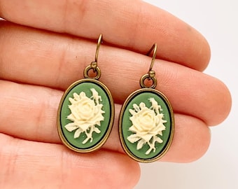 Rose Cameo Earrings Green Rose Earrings Cottagecore Vintage Style Jewelry