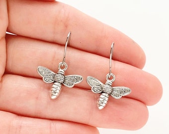 Silver Bee Earrings Small Dangle Bees