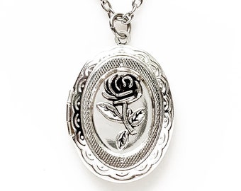 Rose Locket Necklace Silver Photo Locket Floral Jewelry