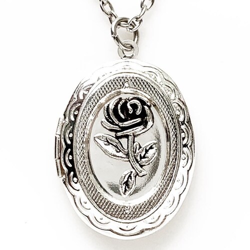 Rose Locket Necklace Silver Photo Locket Floral Jewelry Etsy