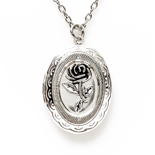 Rose Locket Necklace Silver Photo Locket Floral Jewelry
