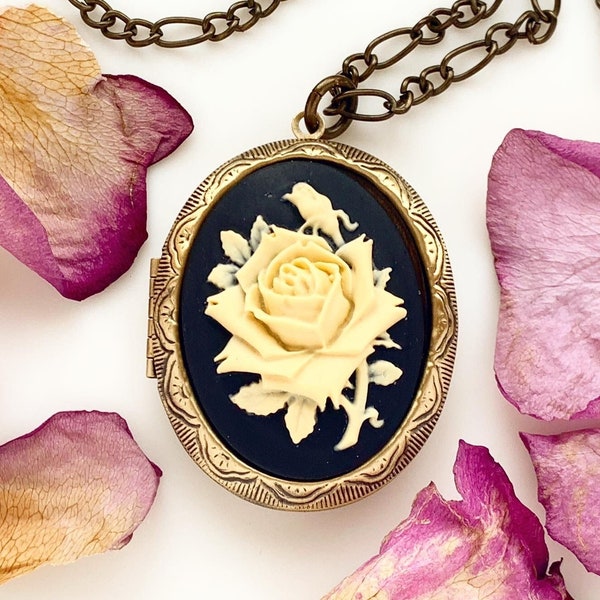 Rose Cameo Locket Necklace Large Romantic Floral Locket Pendant