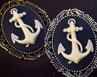 Anchor Cameo Brooch Navy Blue and White Anchor Pin Nautical Cameo Jewelry