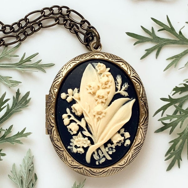 Lily of the Valley Locket Necklace Floral Cameo Locket