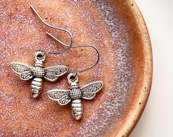 Bee Earrings Small Silver Dangle Earrings Gift for Women