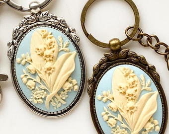 Lily of the Valley Keychain Cameo Keychain Floral Accessories Blue Flower Cameo