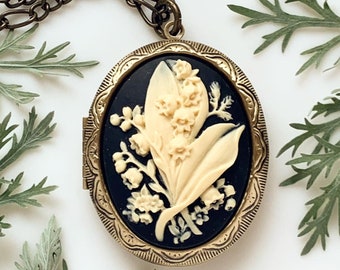 Lily of the Valley Locket Necklace Floral Cameo Locket