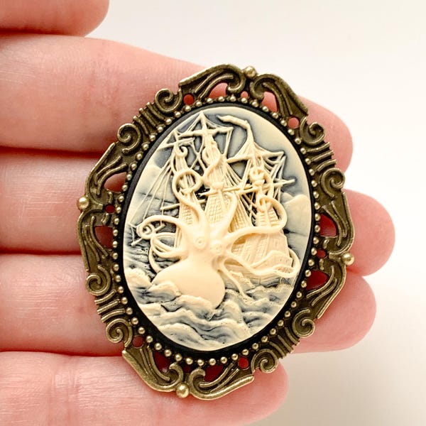 Pirate Ship Kraken Octopus Cameo Brooch Pirate Hat Renaissance Faire Pin