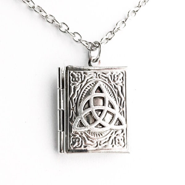 Celtic Knot Book Locket Necklace Silver Celtic Jewelry Pendant Triquetra Trinity Knot