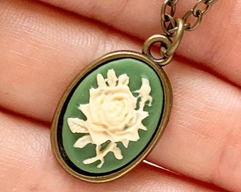 Rose Cameo Necklace Rose Pendant Cameo Jewelry Green Irish Gifts for Women