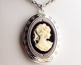 Cameo Locket Necklace Silver Vintage Victorian Style Lady Cameo Jewelry Gift for Women Photo Locket