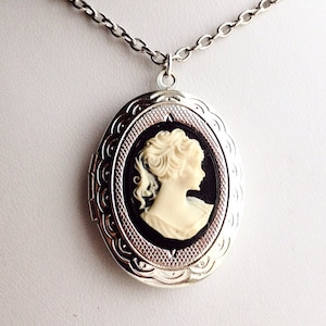 Cameo Locket Necklace Silver Vintage Victorian Style Lady Cameo Jewelry
